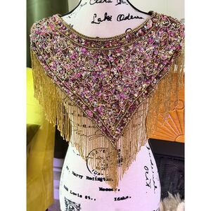 Vintage Beaded Drama Shoulder Cape Sequin Fringe Belly Dance India Couture